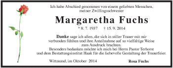 Traueranzeige von Margaretha Fuchs von Rhein-Zeitung