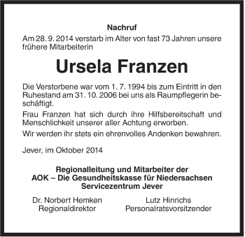Traueranzeige von Ursela Franzen von Rhein-Zeitung