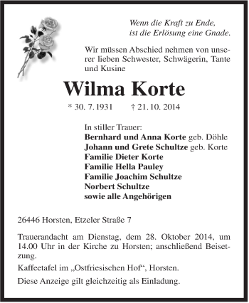 Traueranzeige von Wilma Korte von Rhein-Zeitung