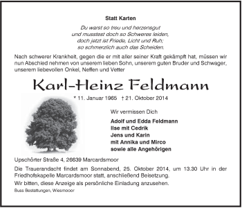 Traueranzeige von Karl-Heinz Feldmann von Rhein-Zeitung