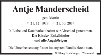 Traueranzeige von Antje Manderscheid von Rhein-Zeitung
