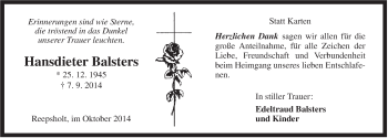 Traueranzeige von Hansdieter Balsters von Rhein-Zeitung