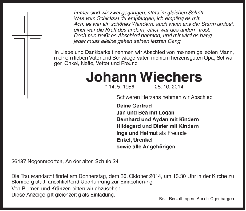  Traueranzeige für Johann Wiechers vom 27.10.2014 aus Rhein-Zeitung