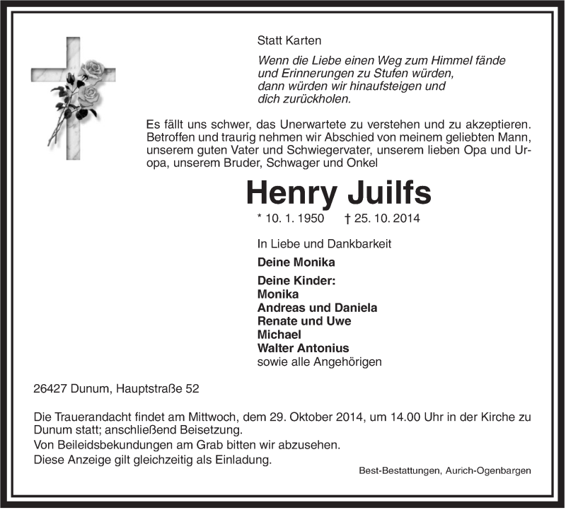  Traueranzeige für Henry Juilfs vom 27.10.2014 aus Rhein-Zeitung