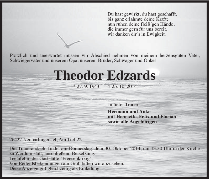  Traueranzeige für Theodor Edzards vom 28.10.2014 aus Rhein-Zeitung