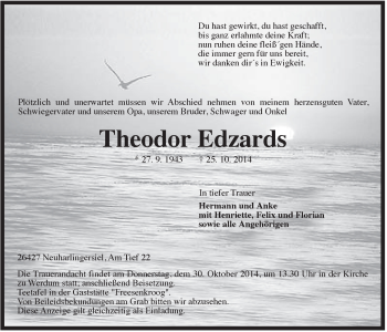 Traueranzeige von Theodor Edzards von Rhein-Zeitung