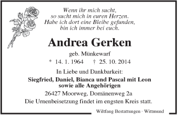 Traueranzeige von Andrea Gerken von Rhein-Zeitung