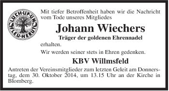 Traueranzeige von Johann Wiechers von Rhein-Zeitung