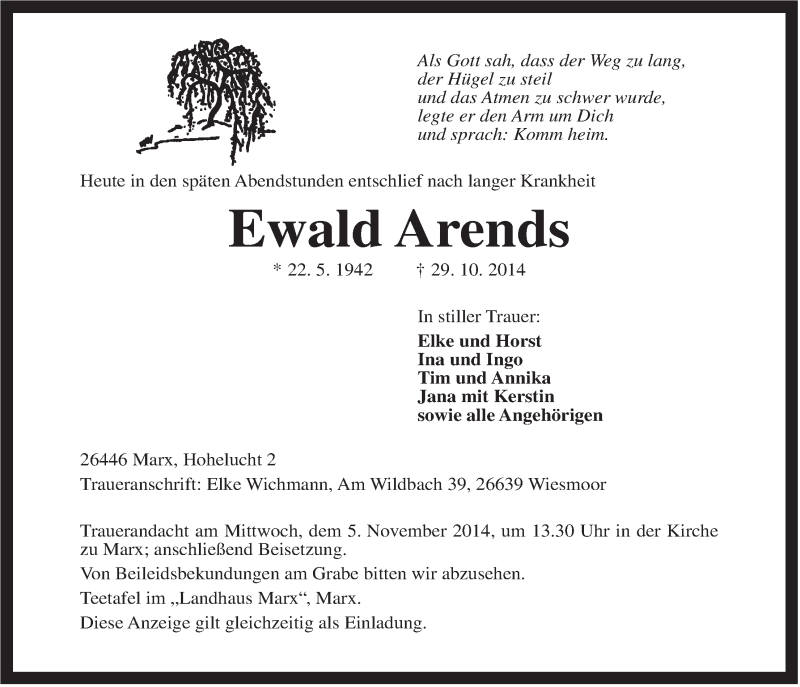  Traueranzeige für Ewald Arends vom 31.10.2014 aus Rhein-Zeitung