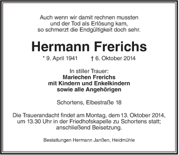 Traueranzeige von Hermann Frerichs von Jeversches Wochenblatt