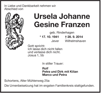 Traueranzeige von Ursela Johanne Gesine Franzen von Jeversches Wochenblatt