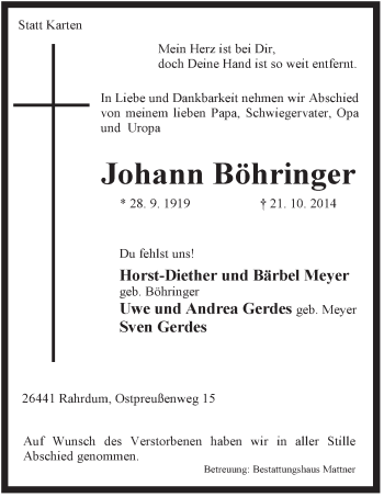 Traueranzeige von Johann Böhringer von Jeversches Wochenblatt