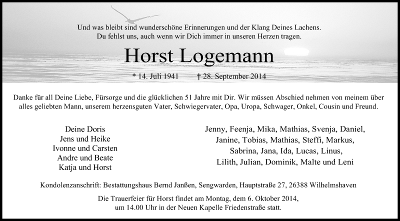  Traueranzeige für Horst Logemann vom 01.10.2014 aus Wilhelmshavener Zeitung