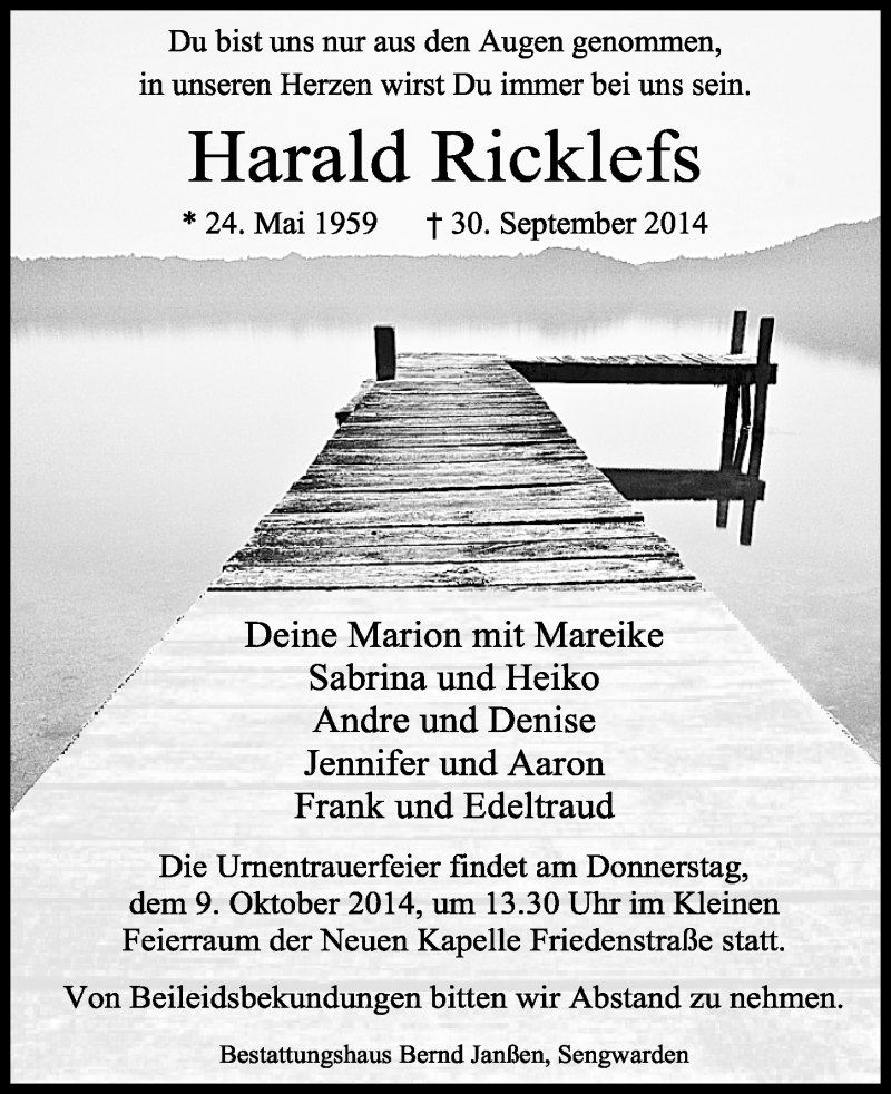  Traueranzeige für Harald Ricklefs vom 04.10.2014 aus Wilhelmshavener Zeitung