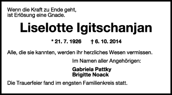 Traueranzeige von Liselotte lgitschanjan von Wilhelmshavener Zeitung