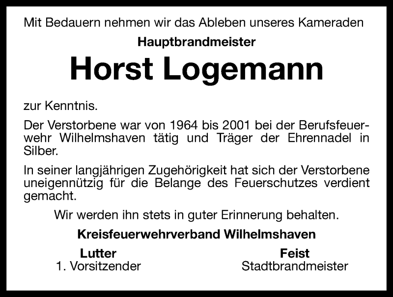  Traueranzeige für Horst Logemann vom 11.10.2014 aus Wilhelmshavener Zeitung