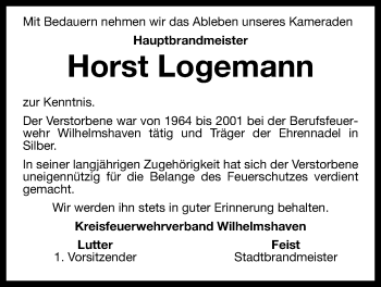 Traueranzeige von Horst Logemann von Wilhelmshavener Zeitung