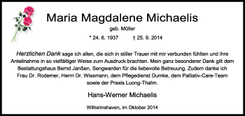 Traueranzeige von Maria Magdalene Michaelis von Wilhelmshavener Zeitung