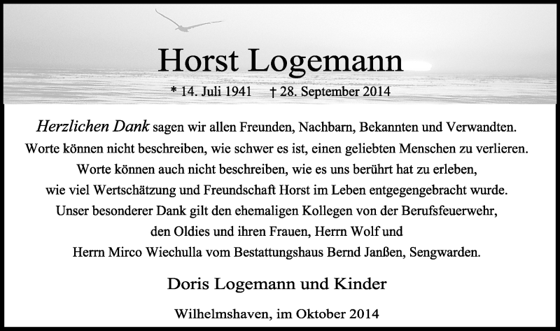  Traueranzeige für Horst Logemann vom 18.10.2014 aus Wilhelmshavener Zeitung