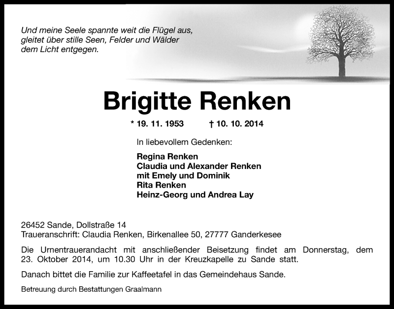  Traueranzeige für Brigitte Renken vom 18.10.2014 aus Wilhelmshavener Zeitung