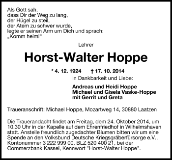 Traueranzeige von Horst-Walter Hoppe von Wilhelmshavener Zeitung