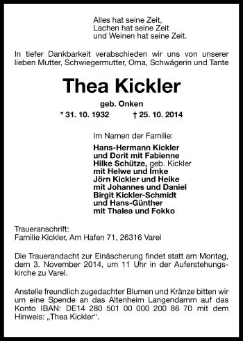 Traueranzeige von Thea Kickler von Wilhelmshavener Zeitung