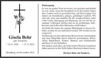 Traueranzeige von Gisela Behr von Rhein-Zeitung