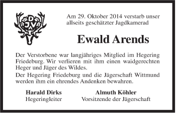 Traueranzeige von Ewald Arends von Rhein-Zeitung