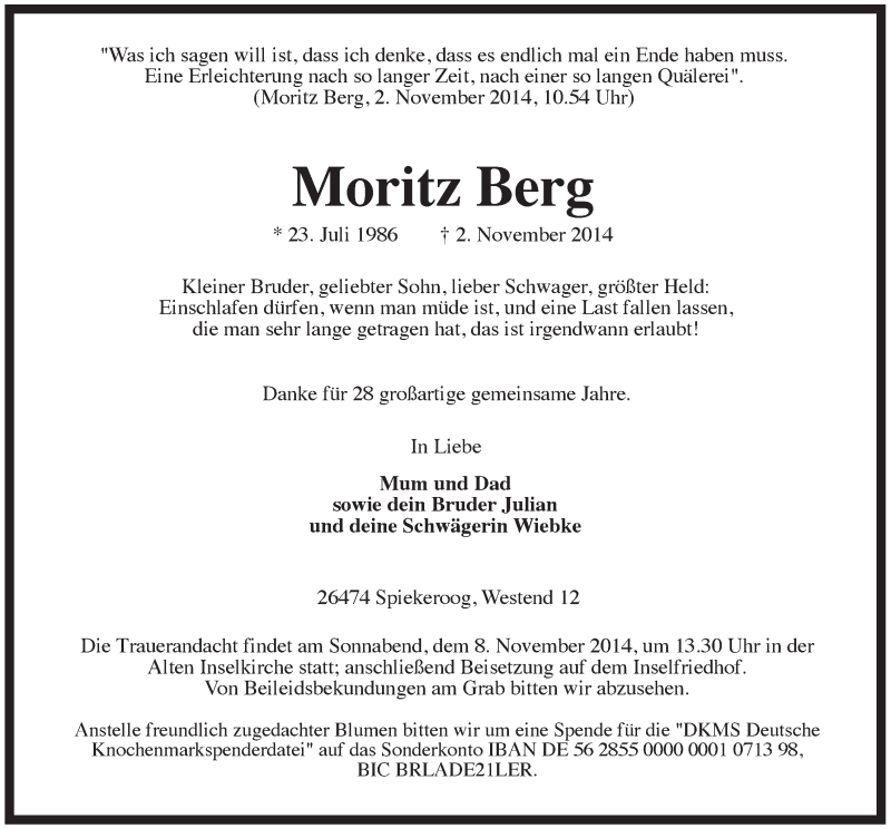  Traueranzeige für Moritz Berg vom 05.11.2014 aus Rhein-Zeitung