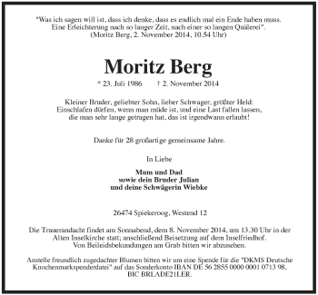 Traueranzeige von Moritz Berg von Rhein-Zeitung