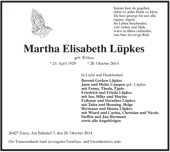 Traueranzeige von Martha Elisabeth Lüpkes von Rhein-Zeitung