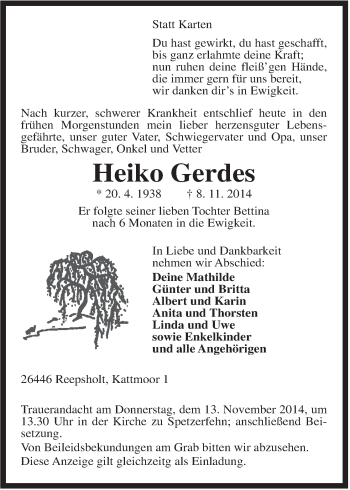 Traueranzeige von Heiko Gerdes von Rhein-Zeitung