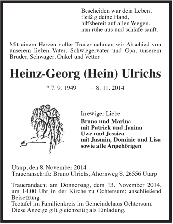 Traueranzeige von Heinz-Georg Hein Ulrichs von Rhein-Zeitung