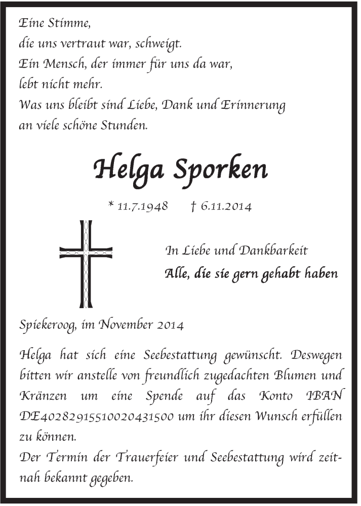  Traueranzeige für Helga Sporken vom 10.11.2014 aus Rhein-Zeitung