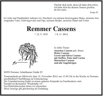 Traueranzeige von Remmer Cassens von Rhein-Zeitung