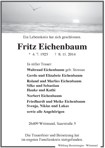 Traueranzeige von Fritz Eichenbaum von Rhein-Zeitung