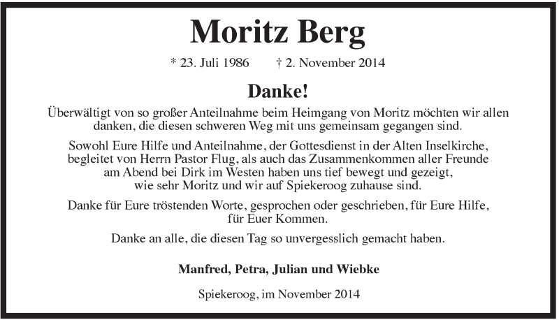  Traueranzeige für Moritz Berg vom 22.11.2014 aus Rhein-Zeitung