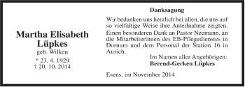 Traueranzeige von Martha Elisabeth Lüpkes von Rhein-Zeitung
