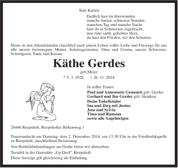 Traueranzeige von Käthe Gerdes von Rhein-Zeitung