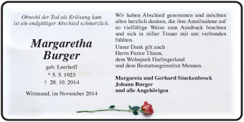 Traueranzeige von Margaretha Burger von Rhein-Zeitung
