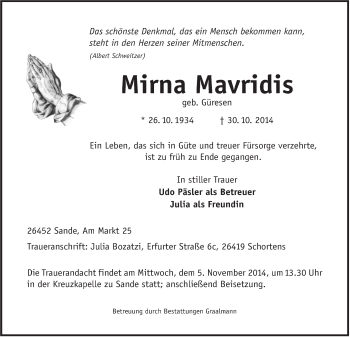 Traueranzeige von Mirna Mavridis von Jeversches Wochenblatt