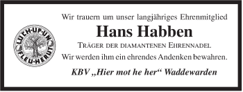 Traueranzeige von Hans Habben von Jeversches Wochenblatt