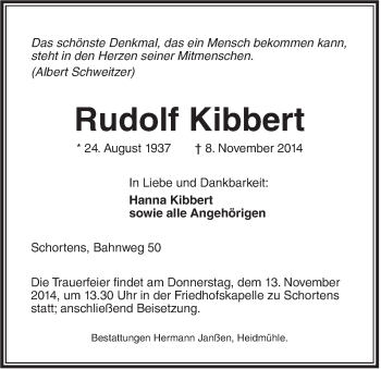 Traueranzeige von Rudolf Kibbert von Jeversches Wochenblatt