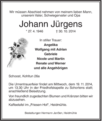 Traueranzeige von Johann Jürgens von Jeversches Wochenblatt