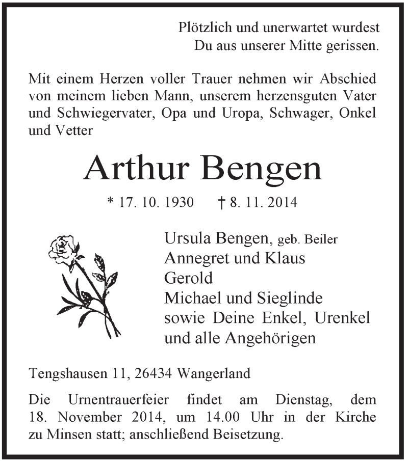  Traueranzeige für Arthur Bengen vom 12.11.2014 aus Jeversches Wochenblatt