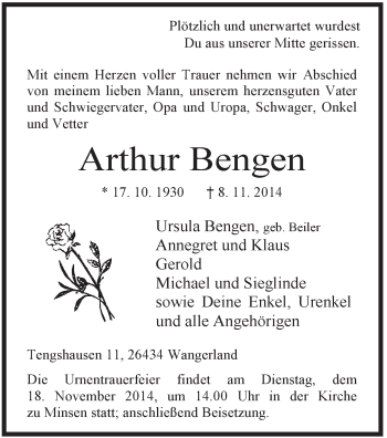 Traueranzeige von Arthur Bengen von Jeversches Wochenblatt