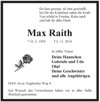 Traueranzeige von Max Raith von Jeversches Wochenblatt