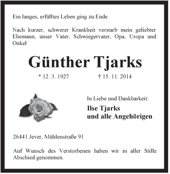 Traueranzeige von Günther Tjarks von Jeversches Wochenblatt
