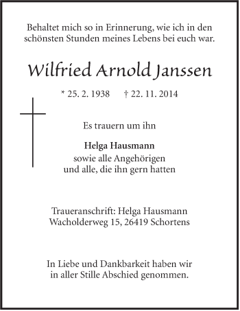 Traueranzeige von Wilfried Arnold Janssen von Jeversches Wochenblatt