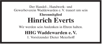 Traueranzeige von Hinrich Everts von Jeversches Wochenblatt
